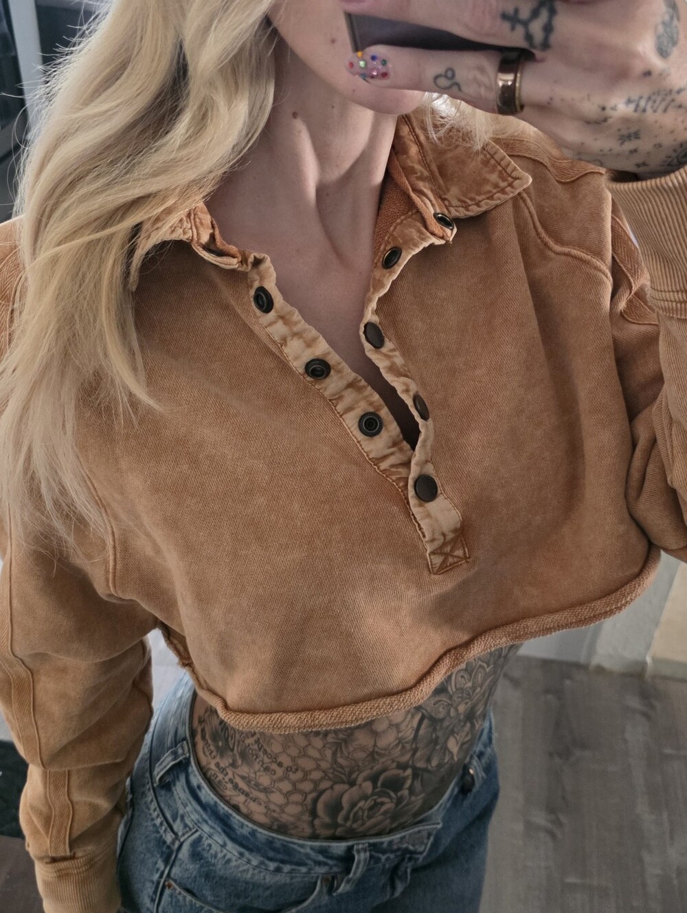 free People Crop Henley Pullover Rust Brown